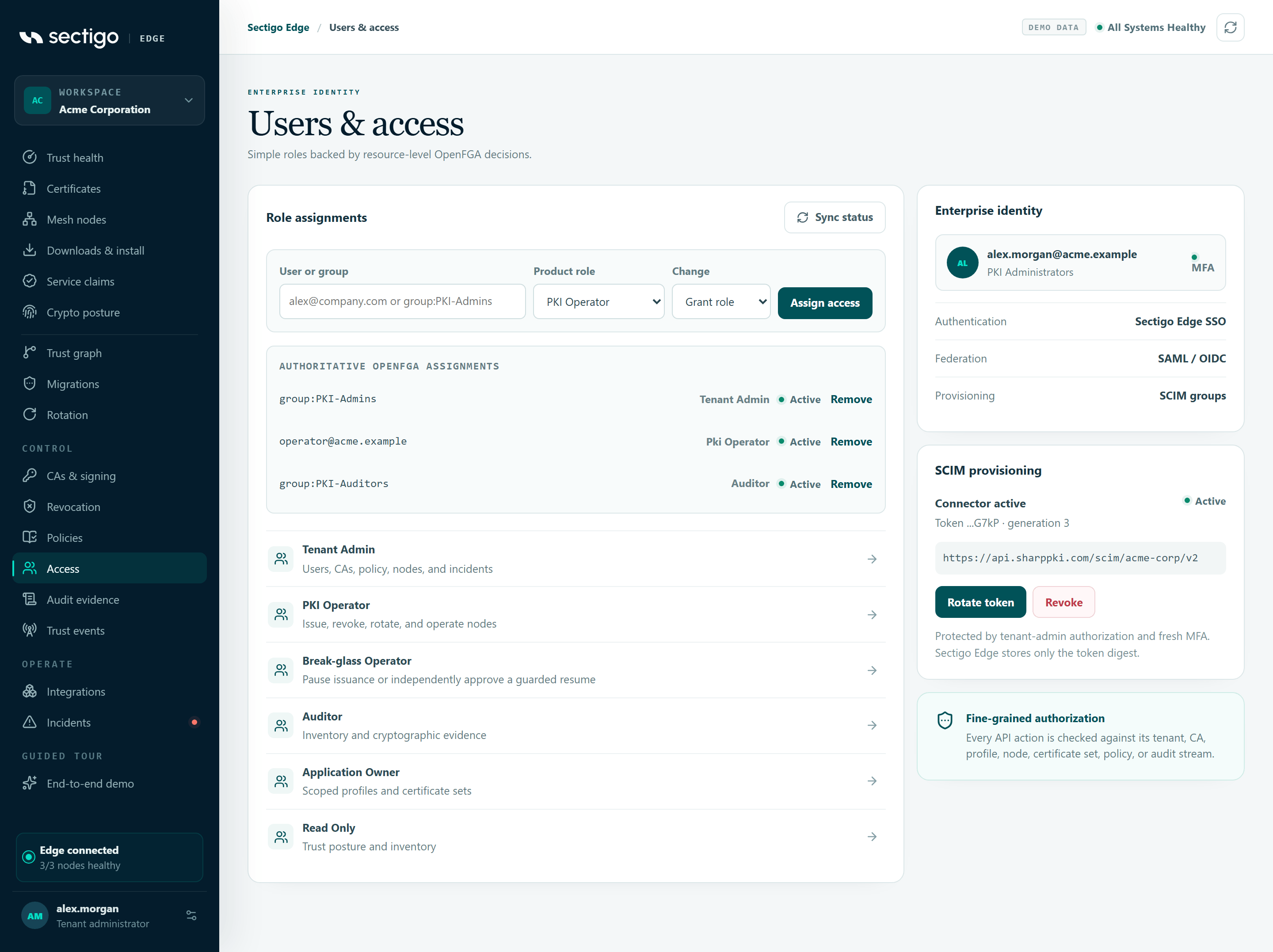 Access screen with the role assignment form, current assignments, role list, enterprise identity card and SCIM provisioning card