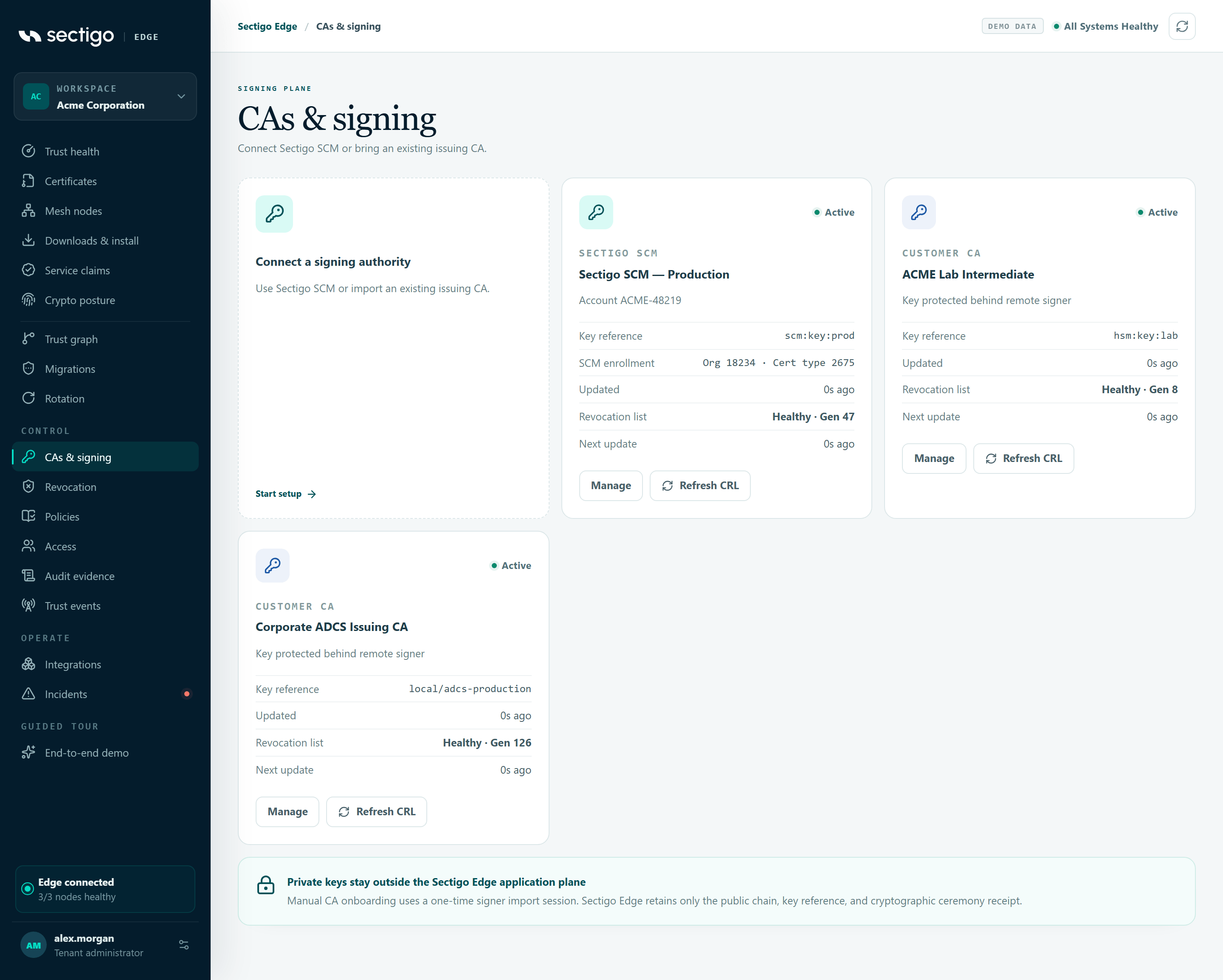 CAs and signing screen with the Connect a signing authority tile and provider cards showing status, key reference, SCM enrollment, revocation list and next update