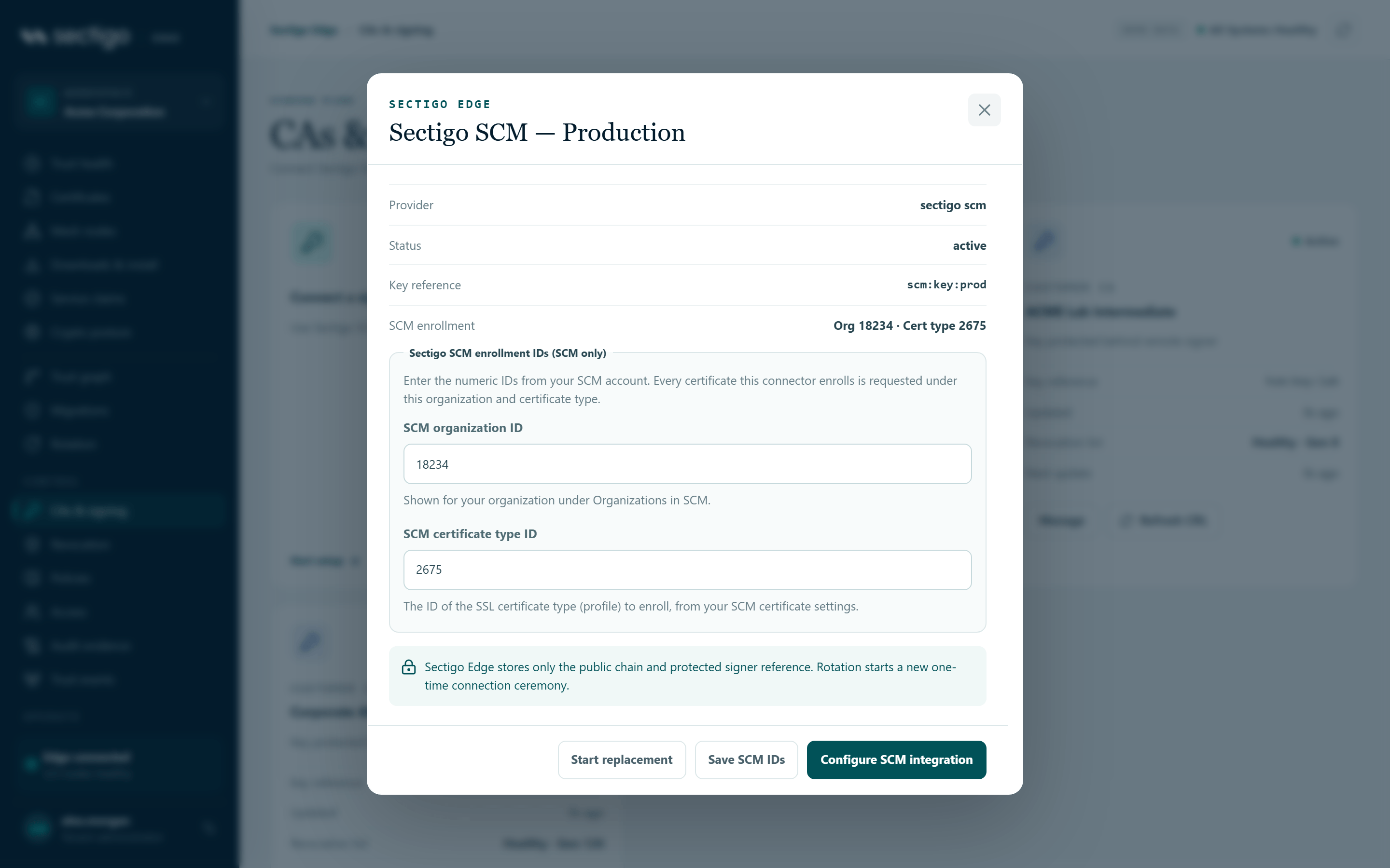 Manage dialog for a CA connector showing provider, status, key reference, SCM enrollment IDs and the Start replacement, Save SCM IDs and Configure SCM integration buttons