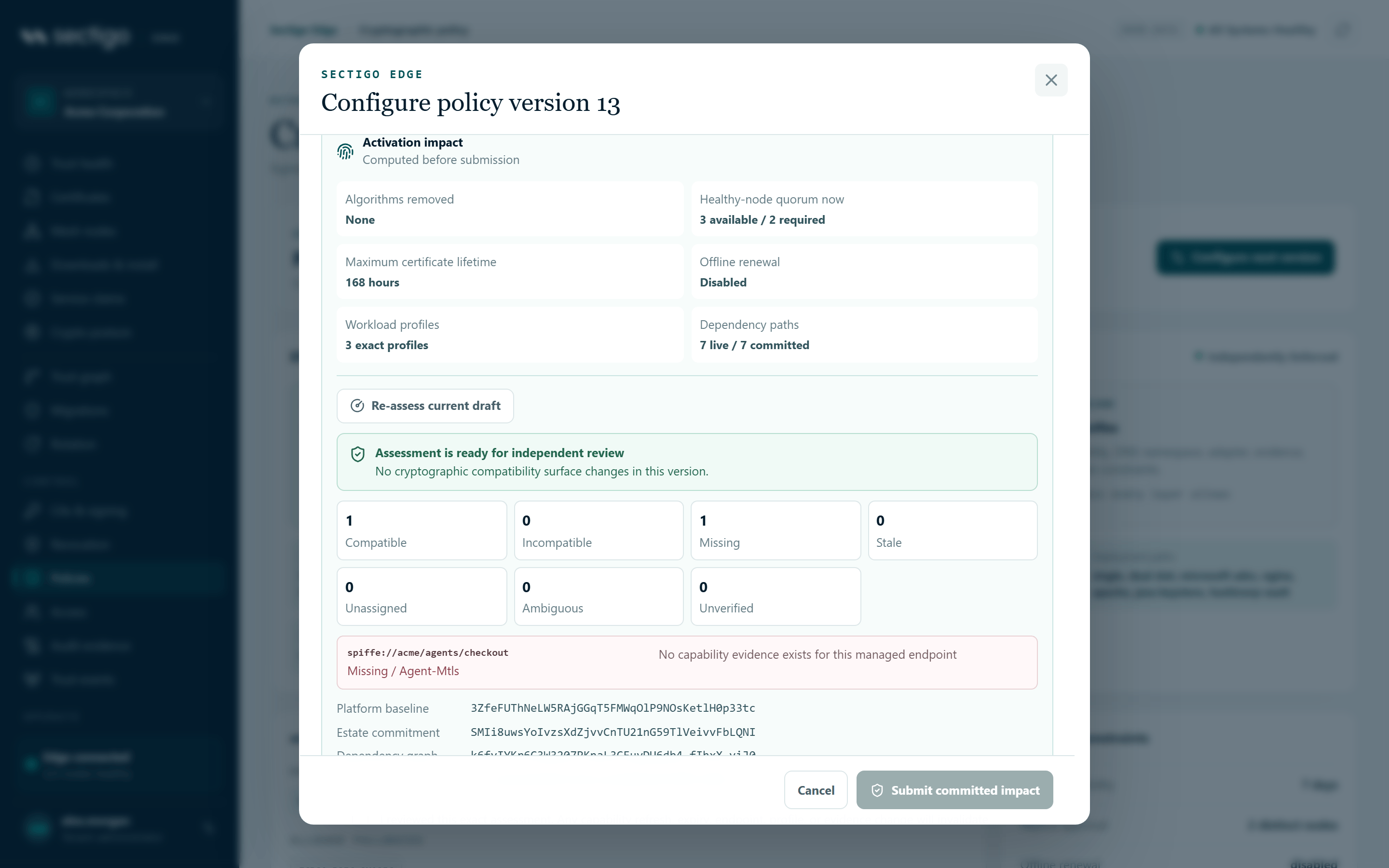 Activation impact section with the assessment verdict, compatibility counts, commitments and the acknowledgement checkbox