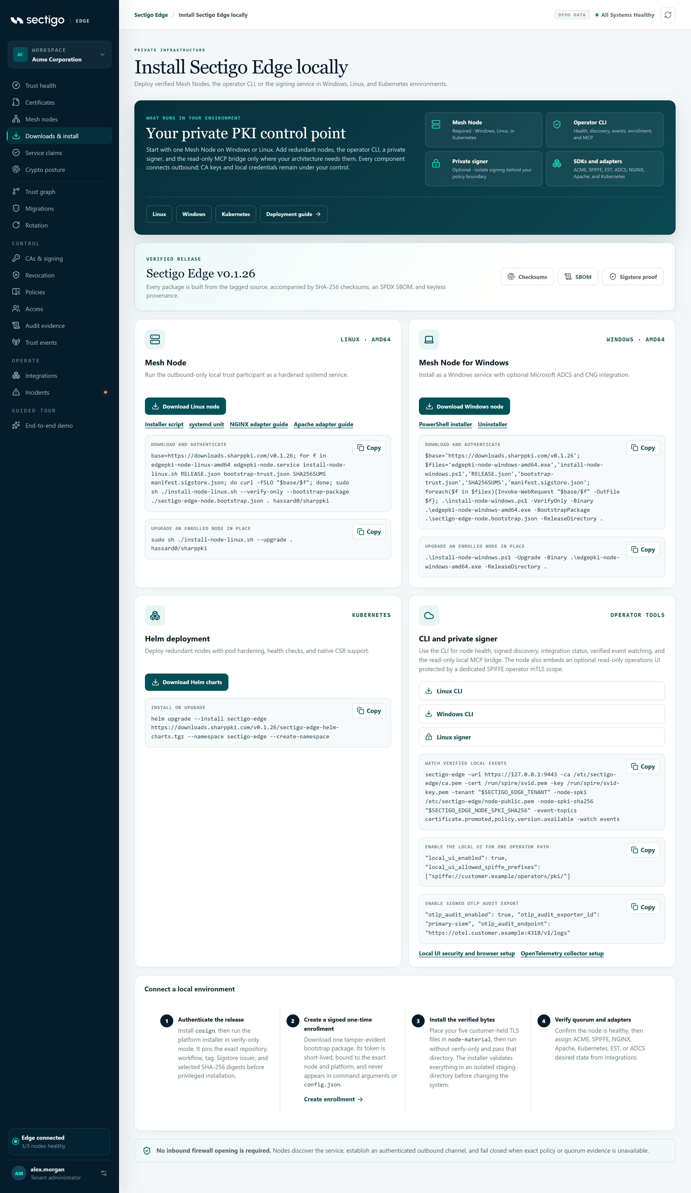 Downloads and install screen with the local stack overview, verified release banner, four download cards and the four-step Connect a local environment guide