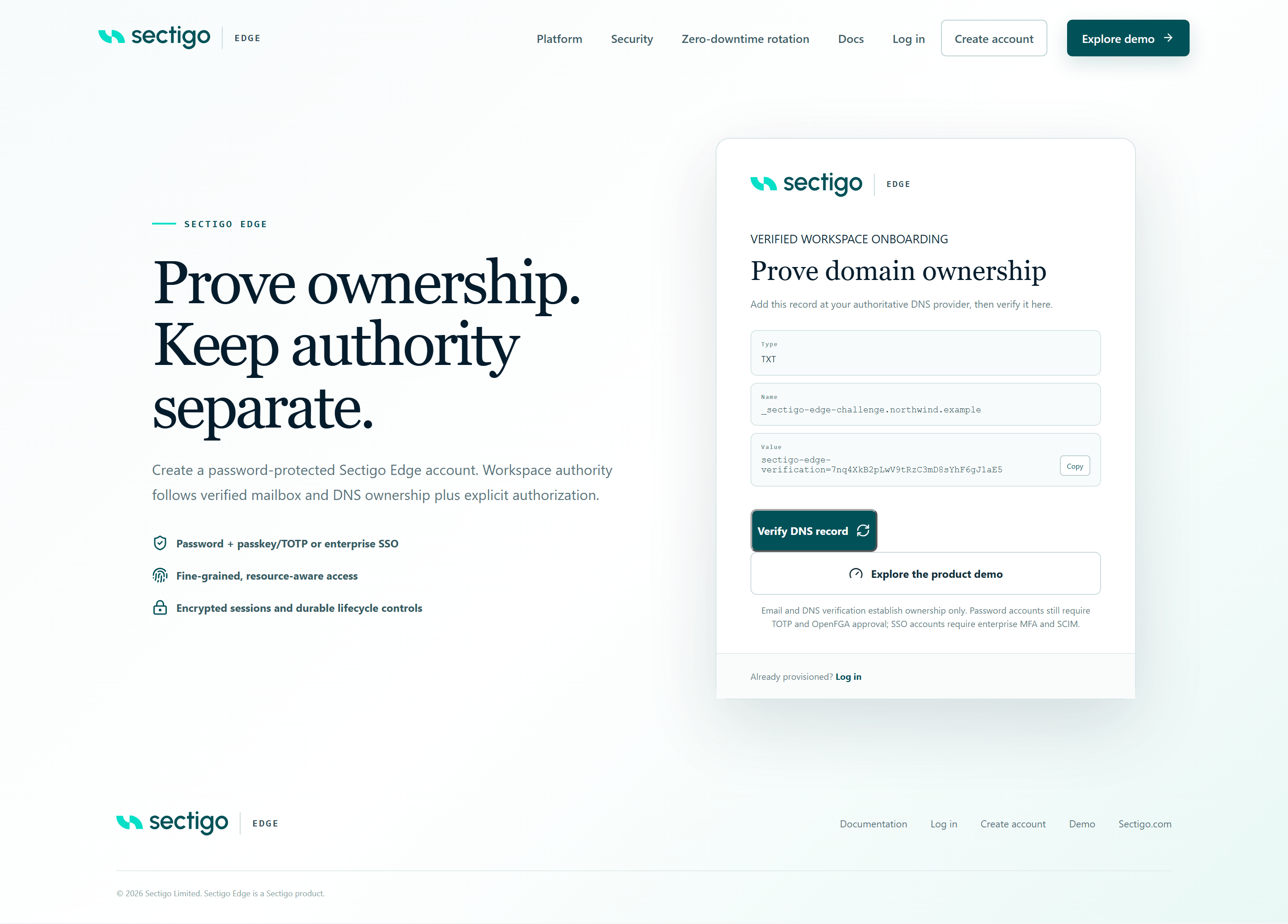 Prove domain ownership step showing Type TXT, the record Name beginning with _sectigo-edge-challenge, the Value beginning with sectigo-edge-verification= and a Copy button, plus a Verify DNS record button