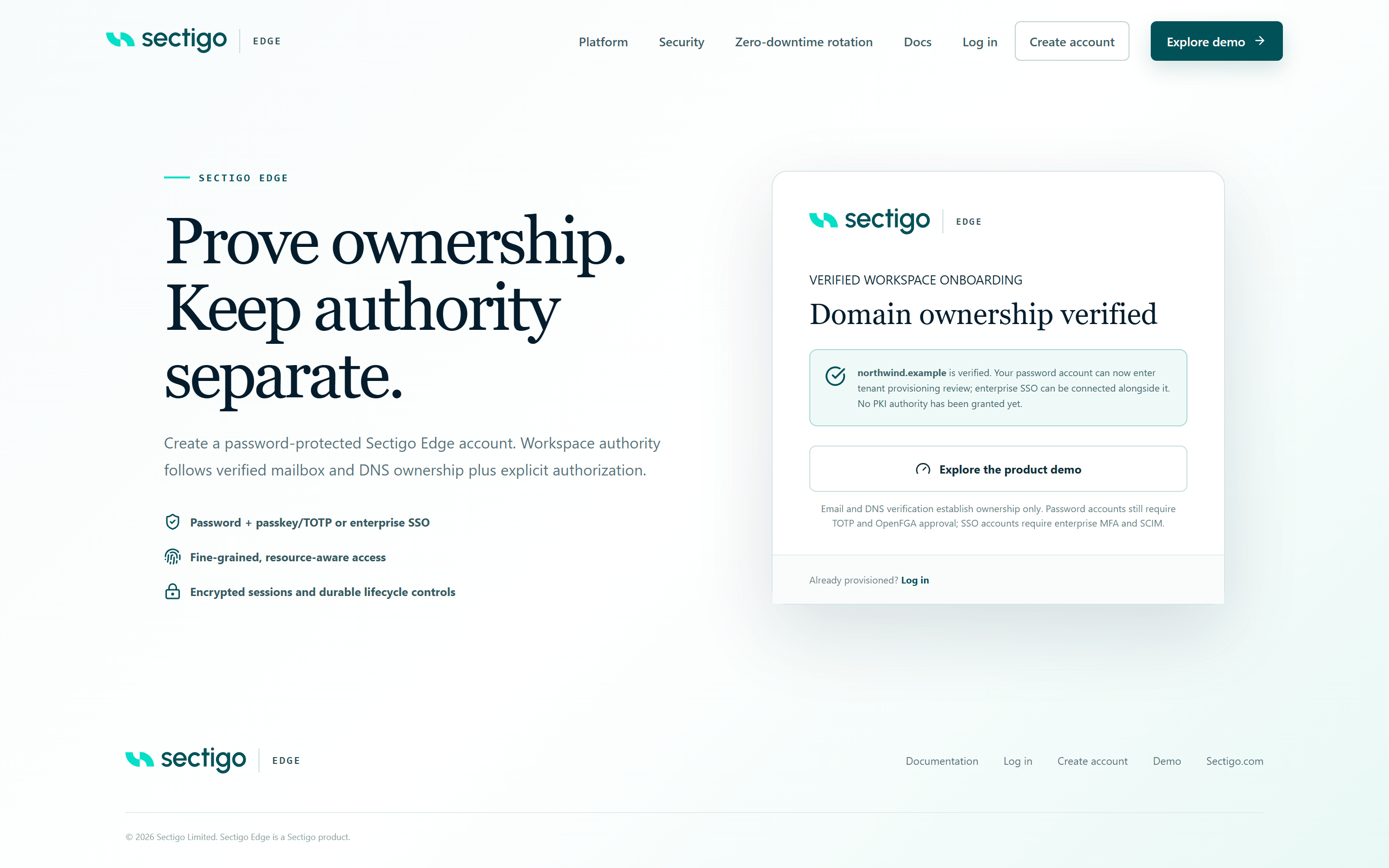 Verification page headed Domain ownership verified, stating the domain is verified and no PKI authority has been granted yet